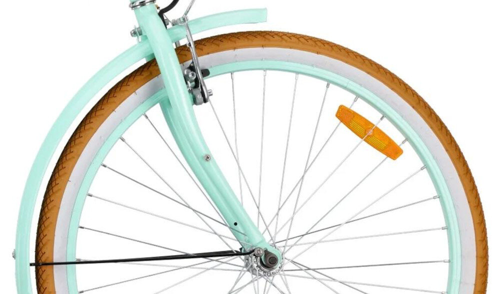 Rower młodzieżowy SUN BABY Flower Retro Bike 26 cali dla dziewczynki Miętowy zbliżenie na przednie koło koła o rozmiarze 26 cali stabilność i komfort jazdy aluminiowe obręcze odporność na korozję opony marki RALSON 26 x 1,75 lekkie piasty ORKAN z 36 otworami regularne sprawdzanie ciśnienia powietrza wartość na bocznej części opony