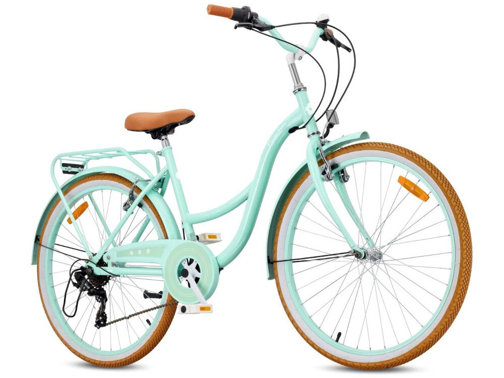 Rower młodzieżowy SUN BABY Flower Retro Bike 26 cali dla dziewczynki Miętowy rower na białym tle widoczny od przodu pod skosem podstawa bezpieczeństwa przednie i tylne hamulce V-Brake lekkie duża siła hamowania intuicyjna obsługa