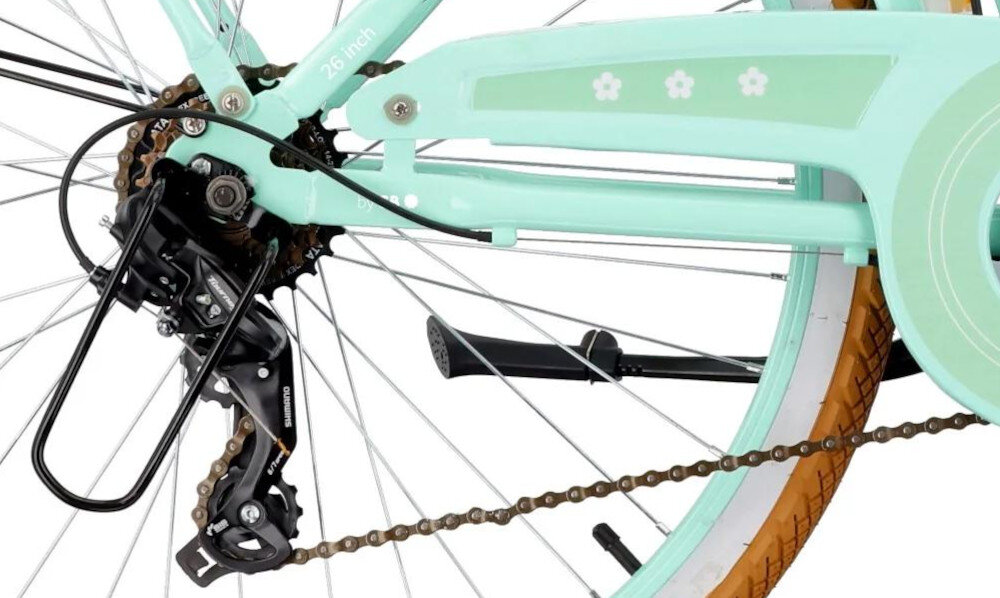 Rower młodzieżowy SUN BABY Flower Retro Bike 26 cali dla dziewczynki Miętowy zbliżenie na przerzutkę 7 biegów manetka SHIMANO typu SLRV-300 REVO tylna przerzutka SHIMANO Tourney przerzutki SHIMANO duża wytrzymałość i sprawne działanie zmiana biegów jest płynna i bezproblemowa