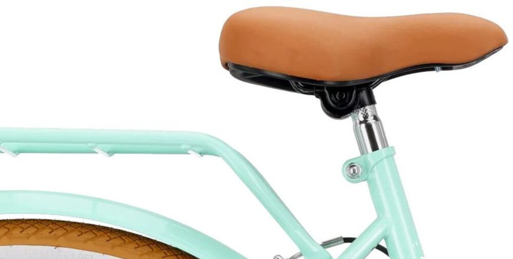 Rower młodzieżowy SUN BABY Flower Retro Bike 26 cali dla dziewczynki Miętowy siodełko na białym tle widoczne z boku bezpieczna i satysfakcjonująca aktywność wygodne siodełko grubo wyściełane regulacja wysokości w zakresie od 80 do 92 cm