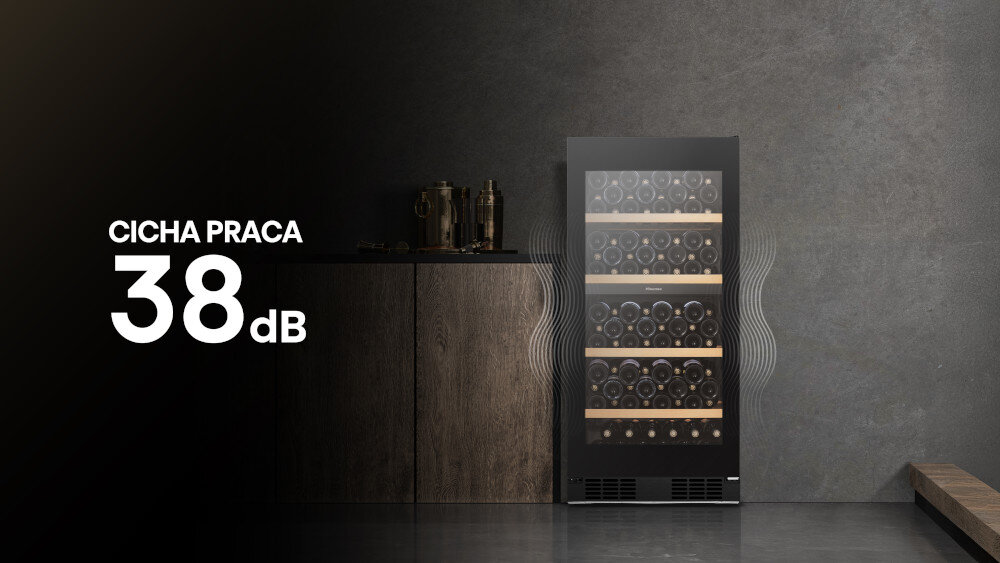 CHŁODZIARKA DO WINA HISENSE RW3N230GELF Cisza i minimalne wibracje cicha praca mniejsze drgania stabilność butelek dojrzewanie zachowanie smaku