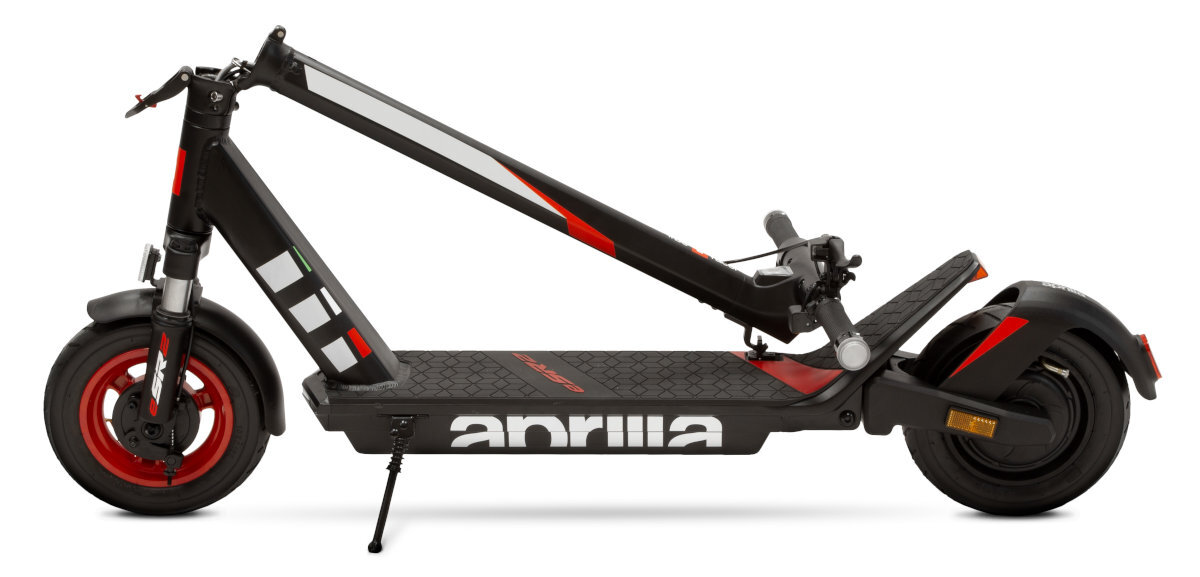 Hulajnoga elektryczna APRILIA E-SR2 Czarno-czerwony rama ze stali i aluminium tworzyw sztucznych duży antypoślizgowy pokład maksymalne obciążenie do 100 kg