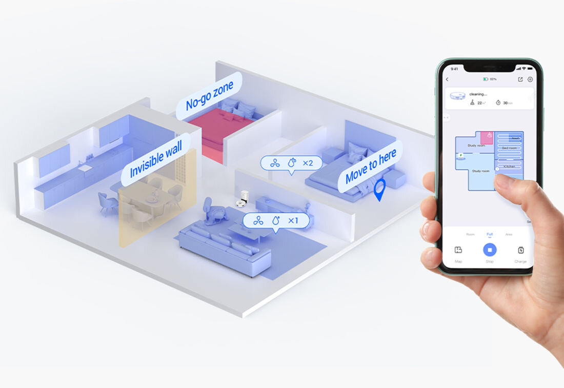 Robot sprzątający EZVIZ RS20 Pro Max na wyciągnięcie ręki aplikacja mobilna planowanie sprzatanie  w czasie rzeczywistym trasy przeszkody omijanie