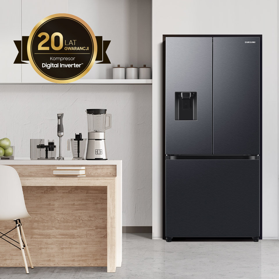 Informacja o dwudziestoletniej gwarancji na kompresor Digital Inverter została umieszczona na zdjęciu lodówki Samsung RF50C530EB1