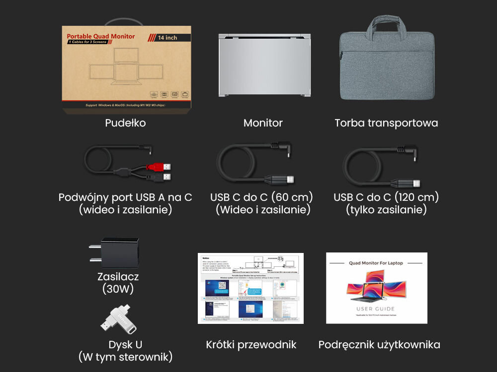 Monitor EXTRALINK Smart Life S680 14 1920x1080px IPS zawartość opakowania elementy przewody instrukcje