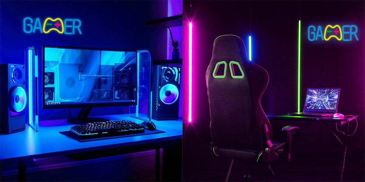 Na obrazie widać dwa stanowiska gamingowe z neonowym napisem \'GAMER\' i kolorowymi światłami LED. Po lewej stronie znajduje się komputer z podświetlaną klawiaturą, a po prawej fotel gamingowy przed laptopem.