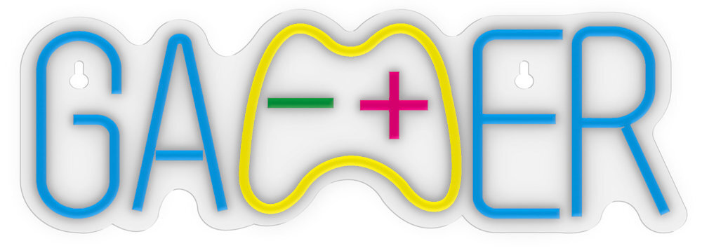 Neonowy napis \'GAMER\' z literami w kolorze niebieskim, z symbolem kontrolera w kolorze żółtym oraz znakami minus i plus w kolorach zielonym i różowym.
