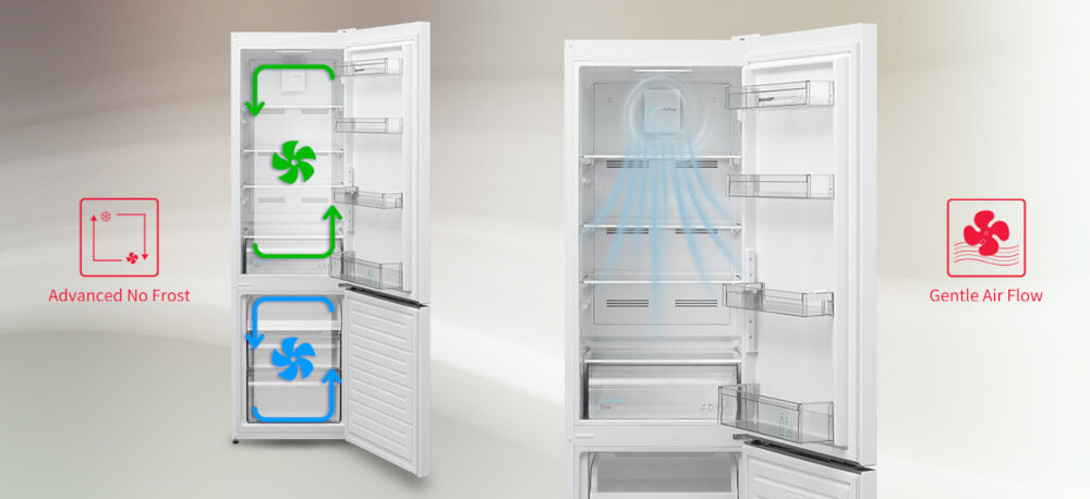 LODÓWKA SHARP SJ-FBA05DHXWE-EU systemy świeżość AdvancedNoFrost zapobieganie przenoszeniu się szronu zapachów 2 wentylatory ochrona wysychanie