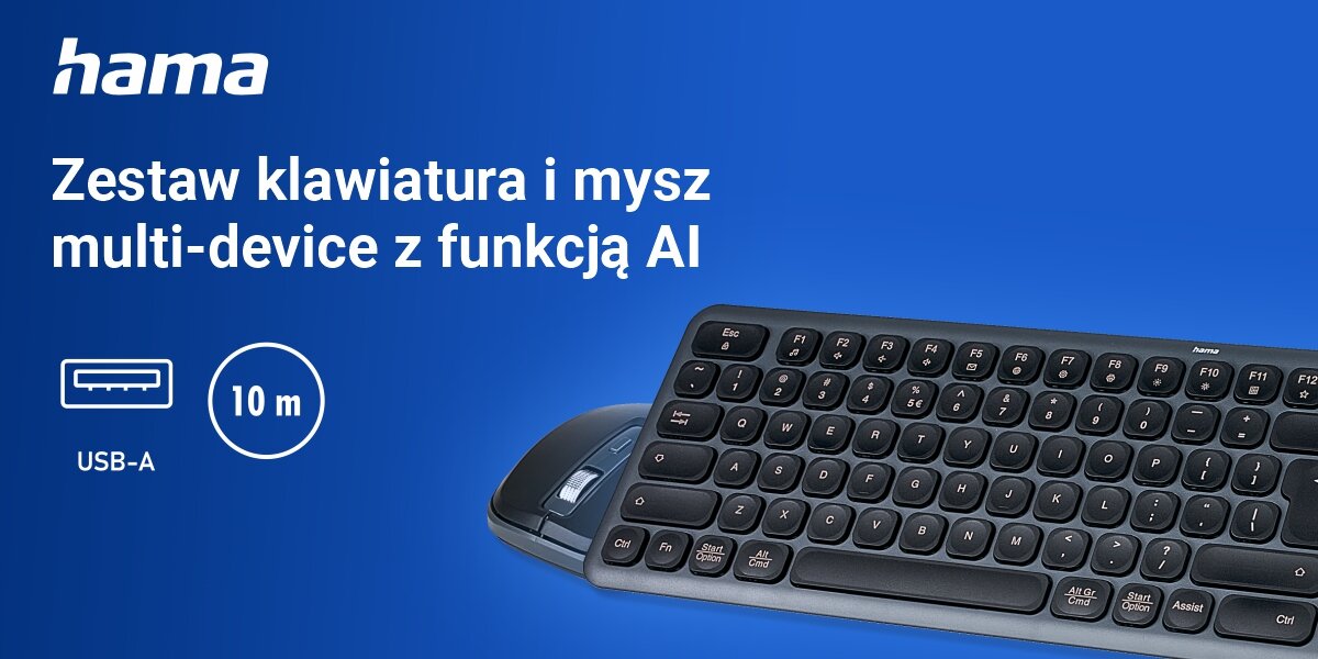 Zestaw HAMA WKM-550 Czarno-szary zestaw dla wymagających, niebieskie tło, klawiatura, mysz, logo producenta, ikona USB-A