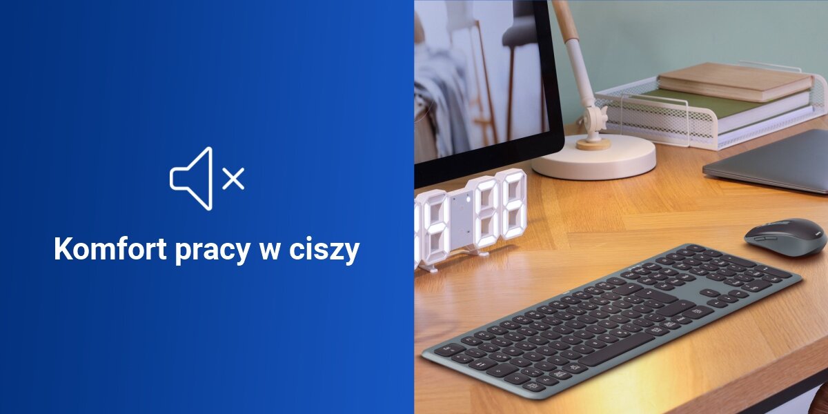 Zestaw HAMA WKM-550 Czarno-szary ciche i responsywne klawisze, mechanizm nożycowy, laserowy nadruk na przyciskach
				niebieskie tło, produkt na biurku, napis komfort pracy w ciszy