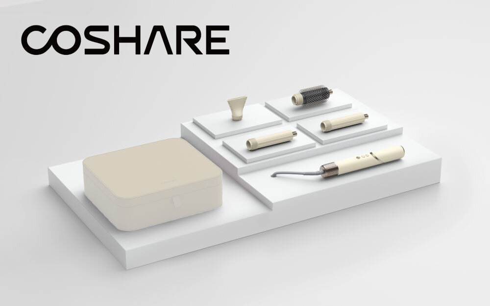 Suszarko-lokówka COSHARE SuperFlow InStyle HS30E 1000 W Kremowy jasne kremowe tło suszarko lokówka leży na podeście z końcówkami i etui optymalna stylizacja 