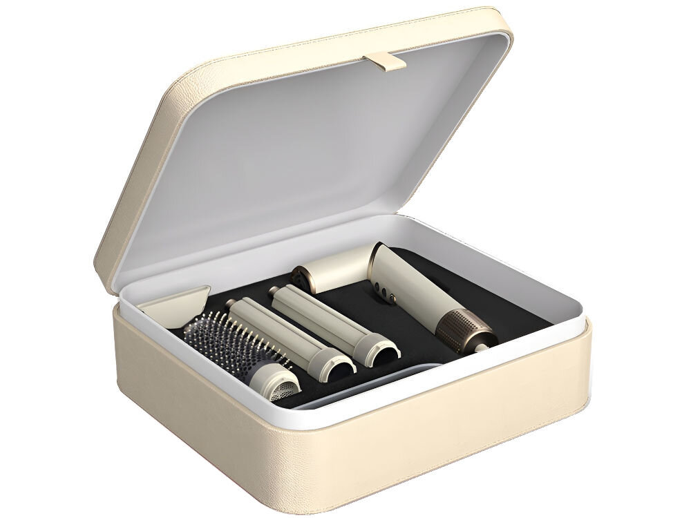 Suszarko-lokówka COSHARE SuperFlow InStyle HS30E 1000 W Kremowy kremowe etui otwarte w środku urządzenie końcówki do loków szczotka koncentrator białe tło funkcjonalność i elegancki design stylowe etui do przechowywania jakość wykonania estetyka produktów przyjemna zorganizowana codzienna pielęgnacja 