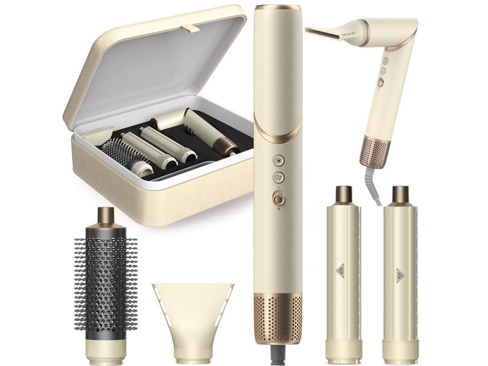 Suszarko-lokówka COSHARE SuperFlow InStyle HS30E 1000 W Kremowy koncentrator okrągła szczotka 2 końcówki do nawijania loków etui dokumentacja białe tło  