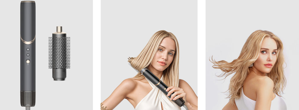 Suszarko-lokówka COSHARE SuperFlow InStyle HS30E 1000 W Kremowy suszarka okrągła szczotka kobieta zawijająca włosy wystylizowana fryzura jasne tło Okrągła szczotka dodanie włosom objętości odpowiedni kształt przepływ powietrza do wygładzania kosmyków nadawanie włosom optymalnego kształtu  