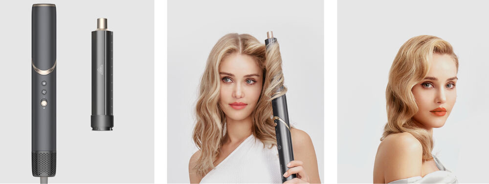 Suszarko-lokówka COSHARE SuperFlow InStyle HS30E 1000 W Kremowy ciemna suszarka końcówka do loków kobieta kręcąca włosy loki jasne tło końcówki do loków automatyczne owijanie włosów wokół końcówki prawa końcówka w kierunku zgodnym z prawą stroną twarzy sprężyste, naturalne fale lewa końcówka loki skręcone w przeciwną stronę harmonijna fryzura symetryczne loki intuicyjne rozwiązanie szybki efektowny wygląd profesjonalny zbalansowany efekt