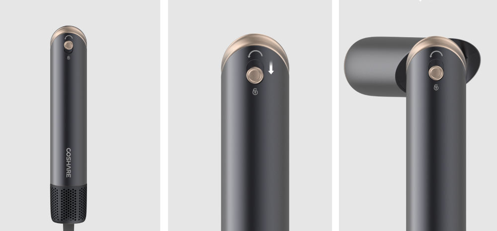 Suszarko-lokówka COSHARE SuperFlow InStyle HS30E 1000 W Kremowy ciemna suszarka złote elementy trzy kroki obrócenie głowicy jasne tło możliwość obrotu głowicy o 90° przełączenie między suszeniem a stylizacją w trzech szybkich krokach dostosowanie urządzenia intuicyjna funkcja obrotu pełna kontrola nad każdą fryzurą łatwa i efektywna stylizacja optymalne efekty 