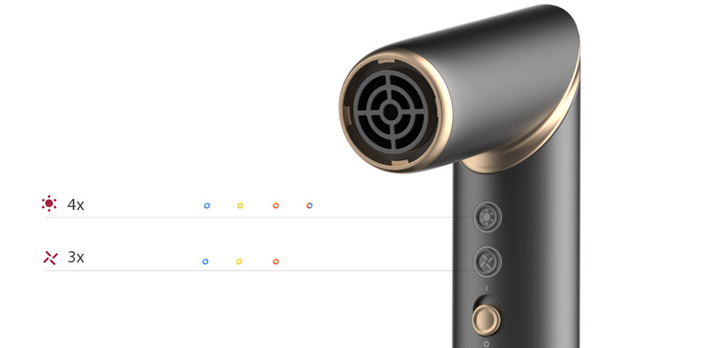 Suszarko-lokówka COSHARE SuperFlow InStyle HS30E 1000 W Kremowy ciemna suszarka elementy złotego przyciski rysunek kolorowe kropki ilość ustawień białe tło 12 różnych trybów pracy 3 poziomy prędkości 4 ustawienia temperatury neutralny nawiew ciepło o temperaturze 57°C intensywny podmuch 75°C tryb mieszany ciepłe i zimne powietrze kompleksowa personalizacja optymalna pielęgnacja zachwycające efekty  