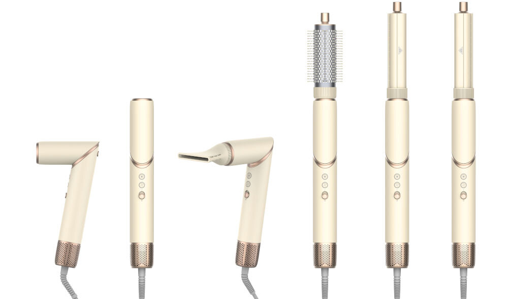 Suszarko-lokówka COSHARE SuperFlow InStyle HS30E 1000 W Kremowy kremowa suszarka złożona z końcówkami końcówki do loków okrągła szczotka przyciski białe tło funkcja zimnego powietrza aktywowanie chłodnego nawiewu zamknięcie łusek włosów przedłużenie trwałości fryzury optymalny wygląd przez cały dzień świeży i efektywny wygląd fryzury  