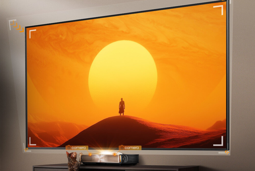 Laser TV HISENSE 120L9QD Auto Screen Alignment kalibracja obrazu, laser stojący na komodzie, ekran wiszący nad laserem