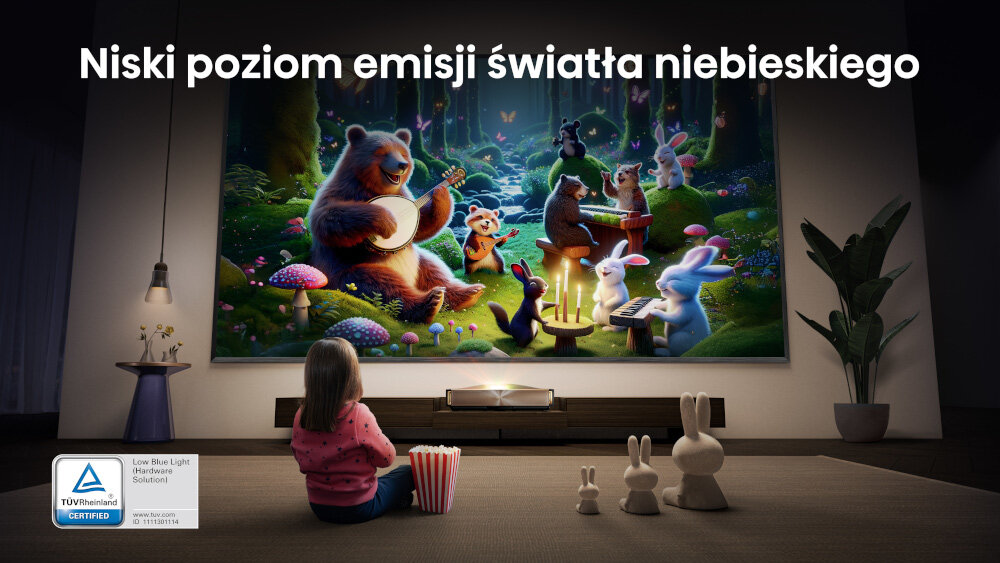 Laser TV HISENSE 120L9QD TÜV Low Blue Light komfort wzroku, dziecko oglądające bajkę na ekranie