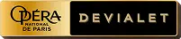 Logo z napisem \'OPÉRA NATIONAL DE PARIS\' oraz \'DEVIALET\' na złotym tle.
