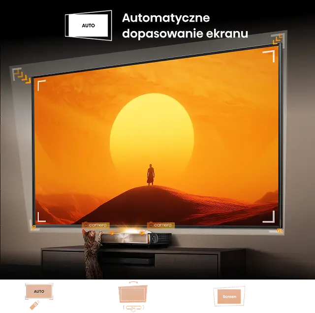 Na obrazie widoczny jest duży ekran z projekcją zachodu słońca, na którym stoi postać na wzgórzu. Nad ekranem znajduje się napis \'Automatyczne dopasowanie ekranu\'.