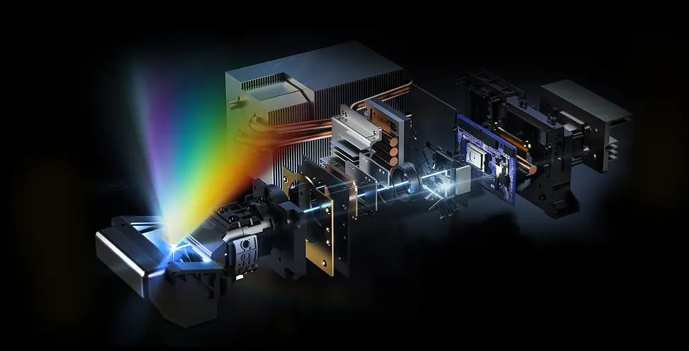 Obraz przedstawia rozłożony schemat projektora laserowego, ukazujący różne komponenty wewnętrzne. Widoczny jest strumień światła w kolorach tęczy emitowany z jednego z elementów.