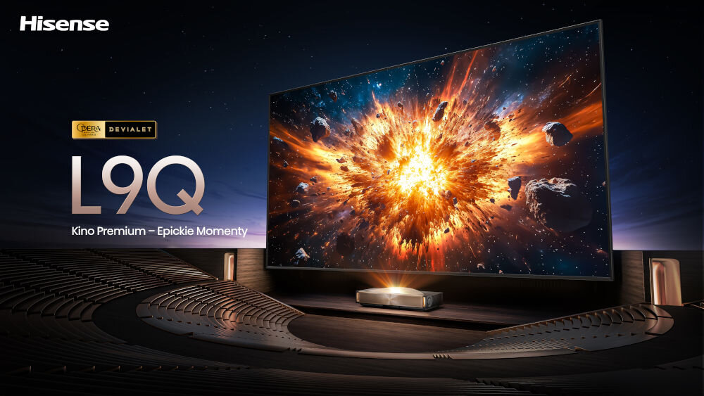 Laser TV HISENSE 100L9QD luksusowy system audio-wizualny design IF Design Award projekcja do 200 cali, laser stojący na postumencie wyświetlający obraz na ekranie