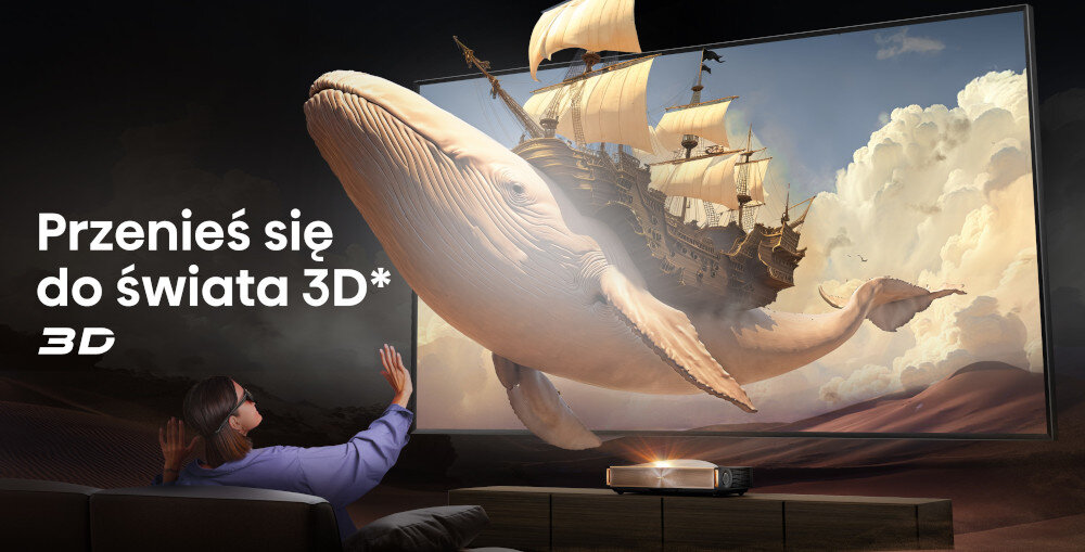 Laser TV HISENSE 100L9QD DLP Link Active 3D obraz trójwymiarowy, osoba siedząca na kanapie oglądająca film 3d