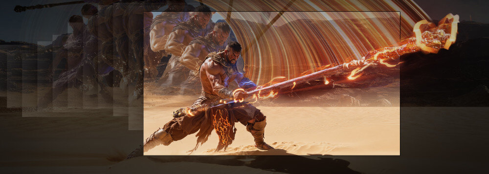 Laser TV HISENSE 100L9QD HSR 240 Hz ALLM gry, osoba wymachująca halabardą