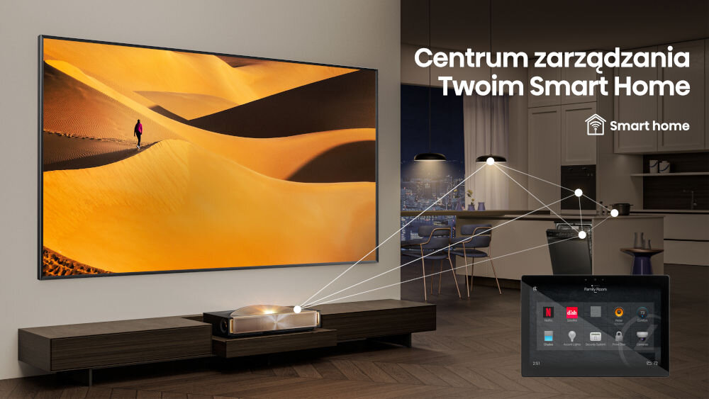 Laser TV HISENSE 100L9QD smart home Control4 URC, laser stojący na komodzie w pomieszczeniu