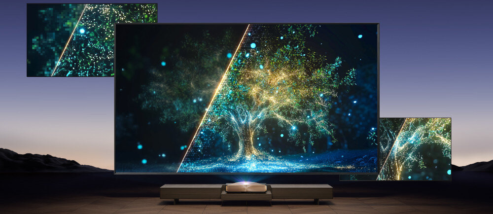 Laser TV HISENSE 100L9QD AI TV inteligentna optymalizacja obrazu, laser stojący na komodzie wyświetlający obraz na ekranie