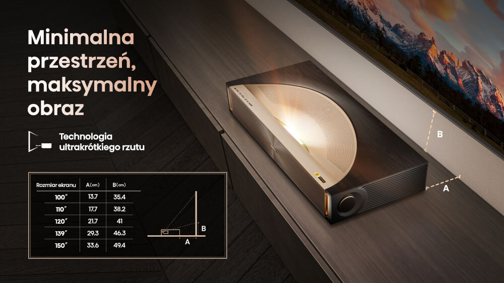 Laser TV HISENSE 100L9QD ultra short throw 0.18 projekcja z bliska, laser stojący na komodzie pod ekranem projekcyjnym