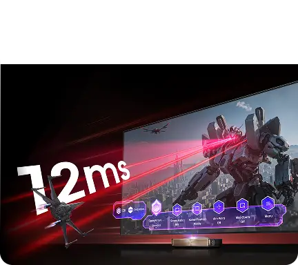 Projektor, ekran z robotem, kosmiczny myśliwiec, duży napis 12ms oraz menu z ikoną HDR (High Dynamic Range).