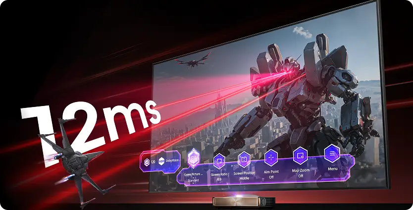 Projektor, ekran z robotem, kosmiczny myśliwiec, duży napis 12ms oraz menu z ikoną HDR (High Dynamic Range).
