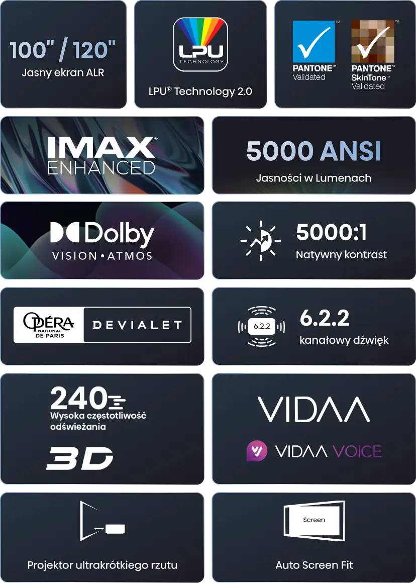 Kafelki przedstawiające specyfikację projektora, w tym jasność 5000 ANSI, Dolby Vision, dźwięk 6.2.2 i system VIDAA