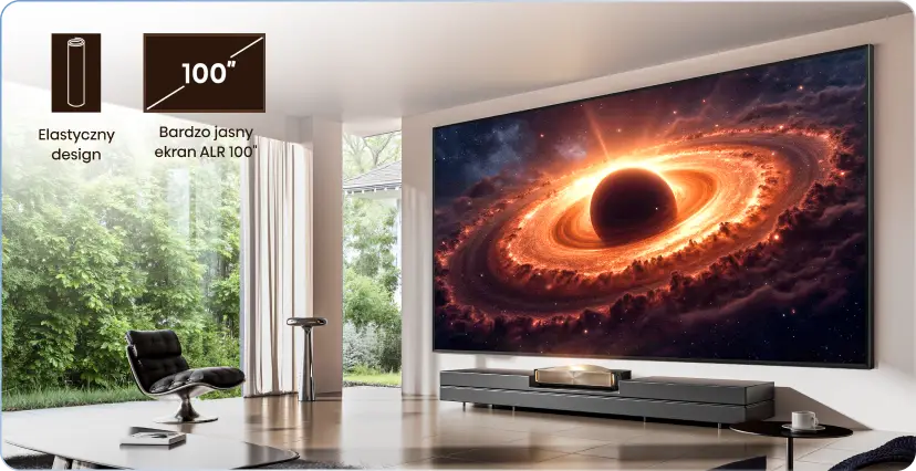 Ekran wyświetlający planetę, projektor na szafce oraz ikony Elastyczny design i Bardzo jasny ekran ALR 100 cali.