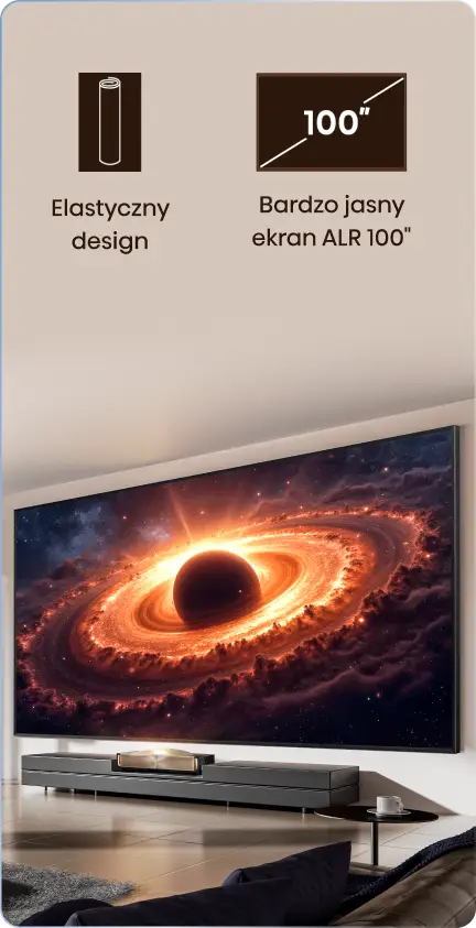 Ekran wyświetlający planetę, projektor na szafce oraz ikony Elastyczny design i Bardzo jasny ekran ALR 100 cali.