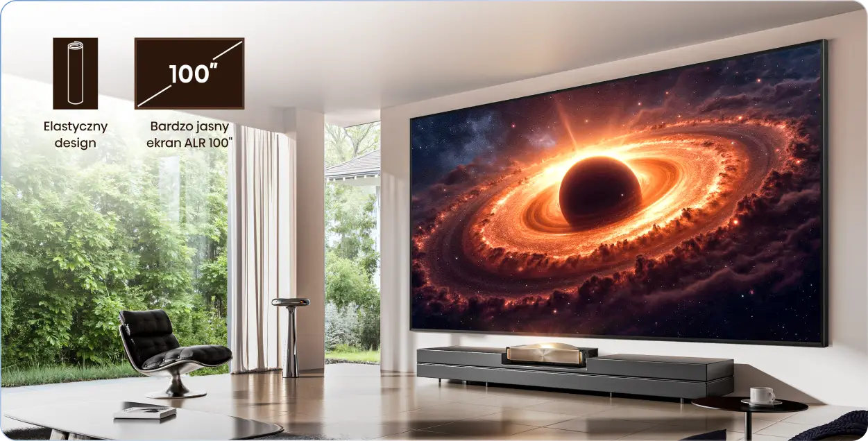 Ekran wyświetlający planetę, projektor na szafce oraz ikony Elastyczny design i Bardzo jasny ekran ALR 100 cali.