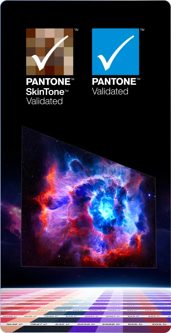 Ekran z kolorową mgławicą, na dole wzornik barw. Po prawej logo PANTONE Validated oraz PANTONE SkinTone Validated.