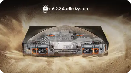 Przekrój wnętrza projektora Hisense ukazujący wbudowany system głośników, u góry napis 6.2.2 Audio System