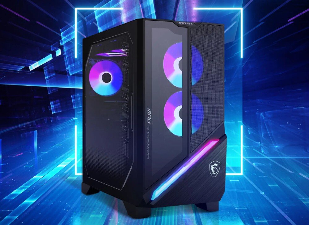 Komputer MSI MPG Infinite X3 AI 2NVP7-640EU Komputer stacjonarny z podświetlanymi wentylatorami RGB w obudowie z hartowanego szkła, ustawiony na tle futurystycznej, niebieskiej scenografii z geometrycznymi kształtami, opis