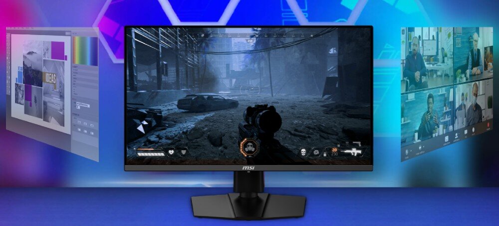 Komputer MSI MPG Infinite X3 AI 2NVP7-640EU Monitor z grą FPS wyświetloną na ekranie, otoczony przez dwie przezroczyste warstwy pokazujące aplikacje do grafiki i wideokonferencji. Tło jest kolorowe i rozmyte, funkcje AI, scenariusze, generowanie obrazów