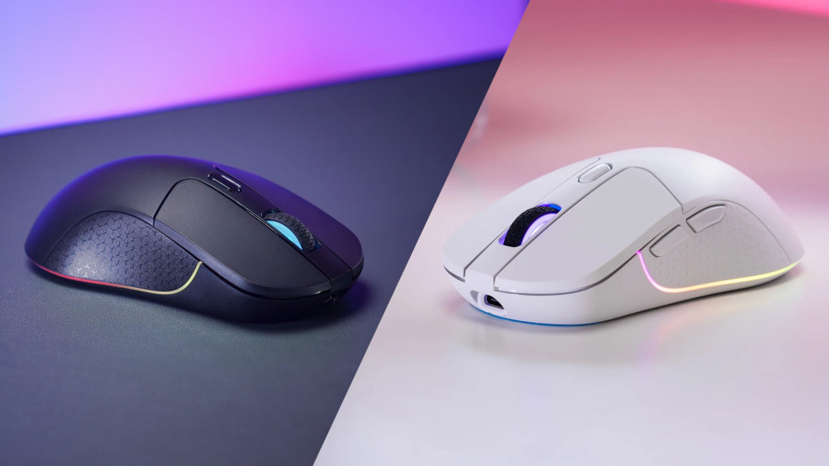 Mysz KEYCHRON M3 Keychron M3 mysz bezprzewodowa pracy biurowej rozgrywki podróży zaawansowany sensor, podświetlenie RGB aplikację Keychron Launcher lekkiej konstrukcji, pojemnemu akumulatorowi oraz trzem trybom łączności - Zestawienie czarnej i białej myszy komputerowej na kolorowych tłach, podświetlenie RGB widoczne na obudowie