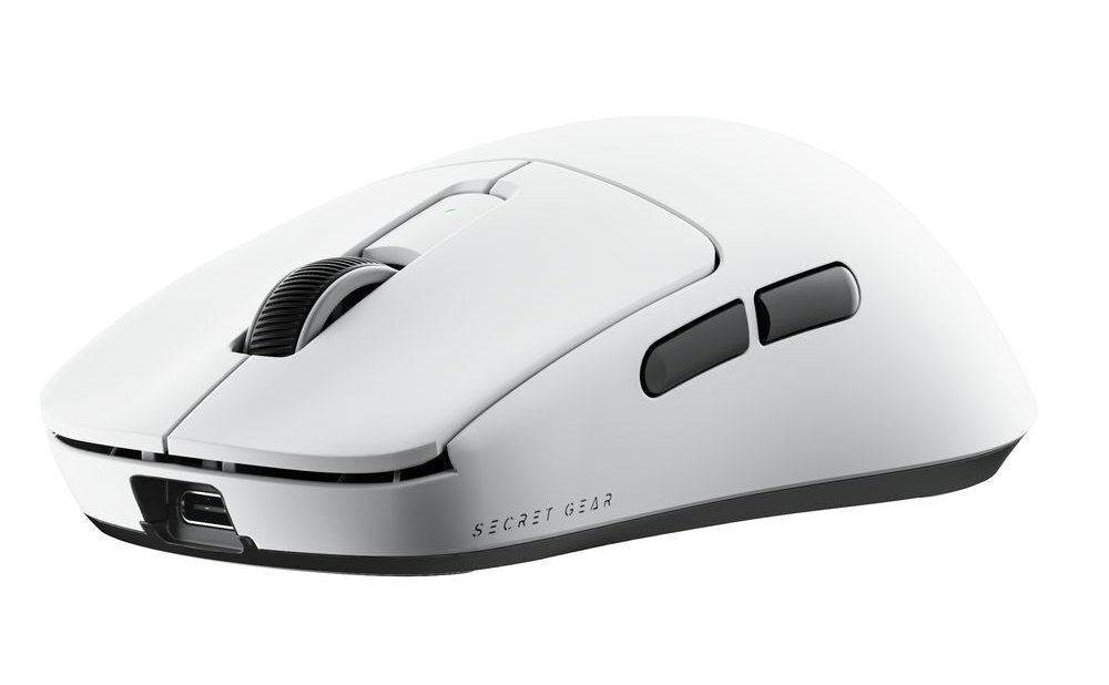 SECRET GEAR ZX2 Secret Gear ZX2 trzem trybom połączenia: przewodowemu, bezprzewodowemu 2.4 GHz oraz Bluetooth stacja ładująca z odbiornikiem USB-A 8K - mysz od przodu na białym tle