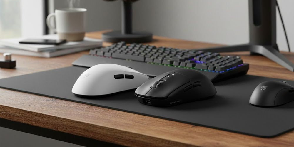 SECRET GEAR ZX2 dwóch wersjach – czarnej i białej Klasyczna czerń biała wersja - mysz w dóch kolorach, czarnym oraz białym na biurku