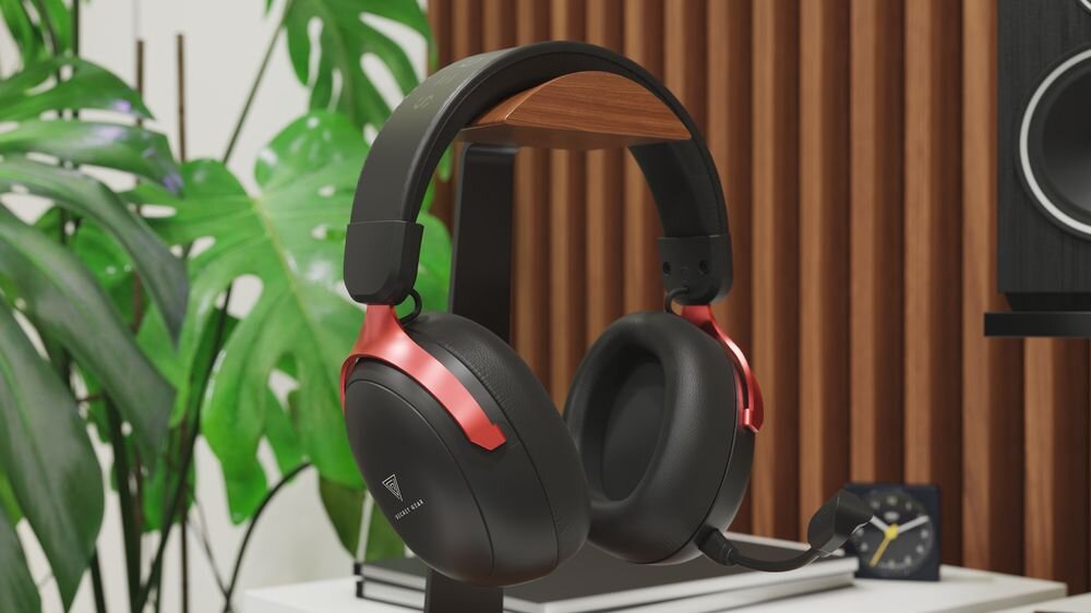 SECRET GEAR SX1 słuchawki 7.1, przetworniki 53 mm, dźwięk przestrzenny, detale muzyki, słuchawki zawieszone na stojaku w pomieszczeniu