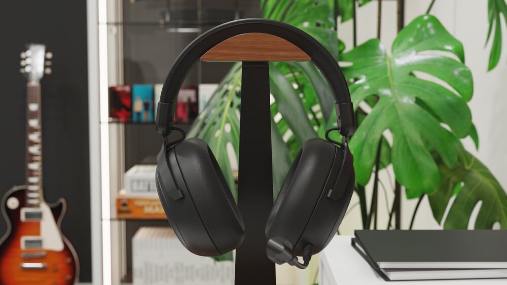 SECRET GEAR SX1 przyciski sterujące, regulacja głośności, wyciszenie mikrofonu, wygoda użytkowania, słuchawki zawieszone na stojaku w pomieszczeniu