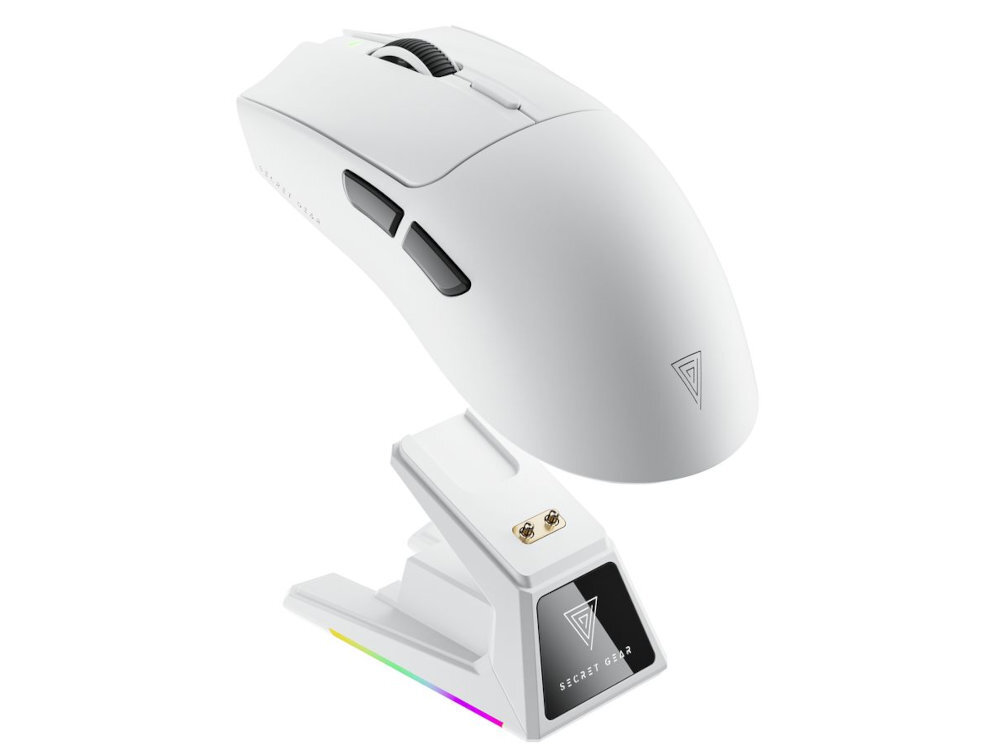 SECRET GEAR ZX1 Secret Gear ZX1 mysz bezprzewodowa zaawansowany sensor przełączniki o długiej żywotności potrójnemu systemowi połączenia wysokiej częstotliwości raportowania - mysz na białym tle z podstawą do ładowania