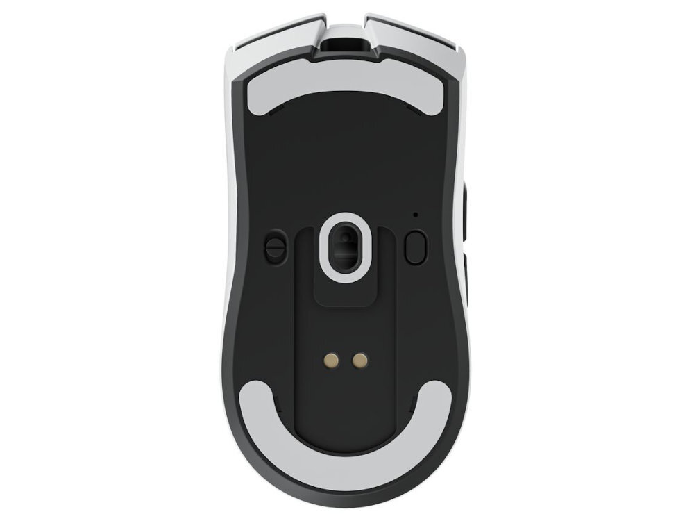 SECRET GEAR ZX1 ZX1 sensor PixArt PAW3395 26 000 DPI (Dots Per Inch) tuningu z oprogramowania 40 000 DPI częstotliwością raportowania aż 8000 MHz trybie 2.4GHz Niski LoD (1–2 mm) - mysz od spodu na białym tle